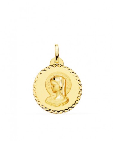 Medalla oro 18k Virgen María talla cruzada 20mm