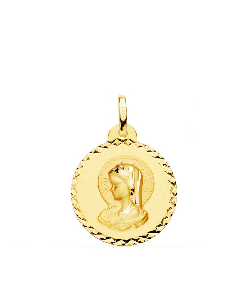 Medalla oro 18k Virgen María talla cruzada 20mm