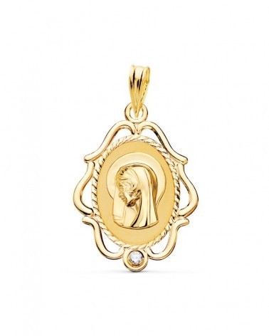Medalla oro 18k Virgen Niña cerco calado circonita 24x17mm