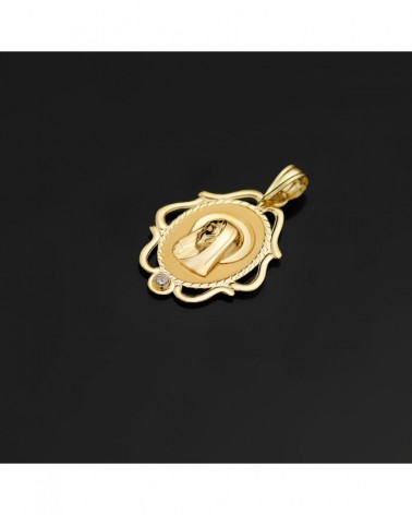 Medalla oro 18k Virgen Niña cerco calado circonita 24x17mm