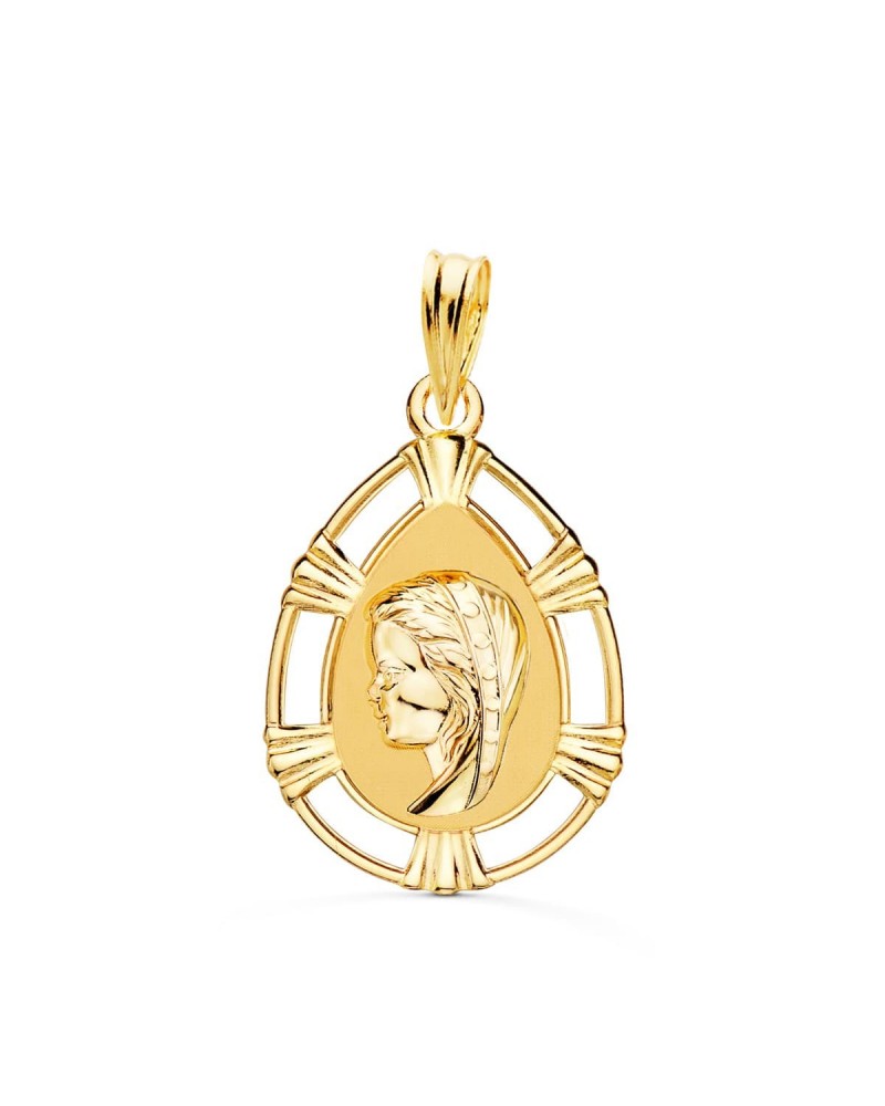 Medalla oro 18k Virgen Niña lágrima 23x15 mm