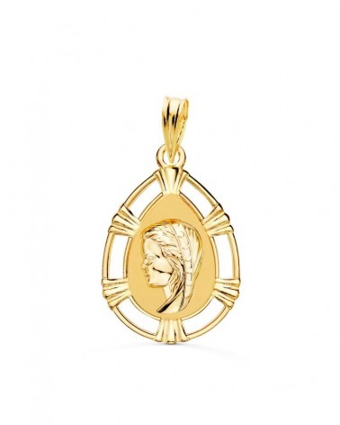 Medalla oro 18k Virgen Niña lágrima 23x15 mm