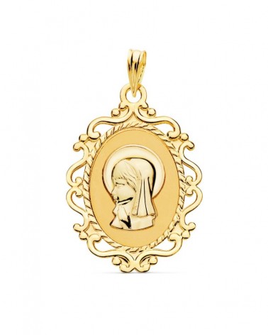Medalla oro 18k Virgen Niña cerco calado 23x16mm