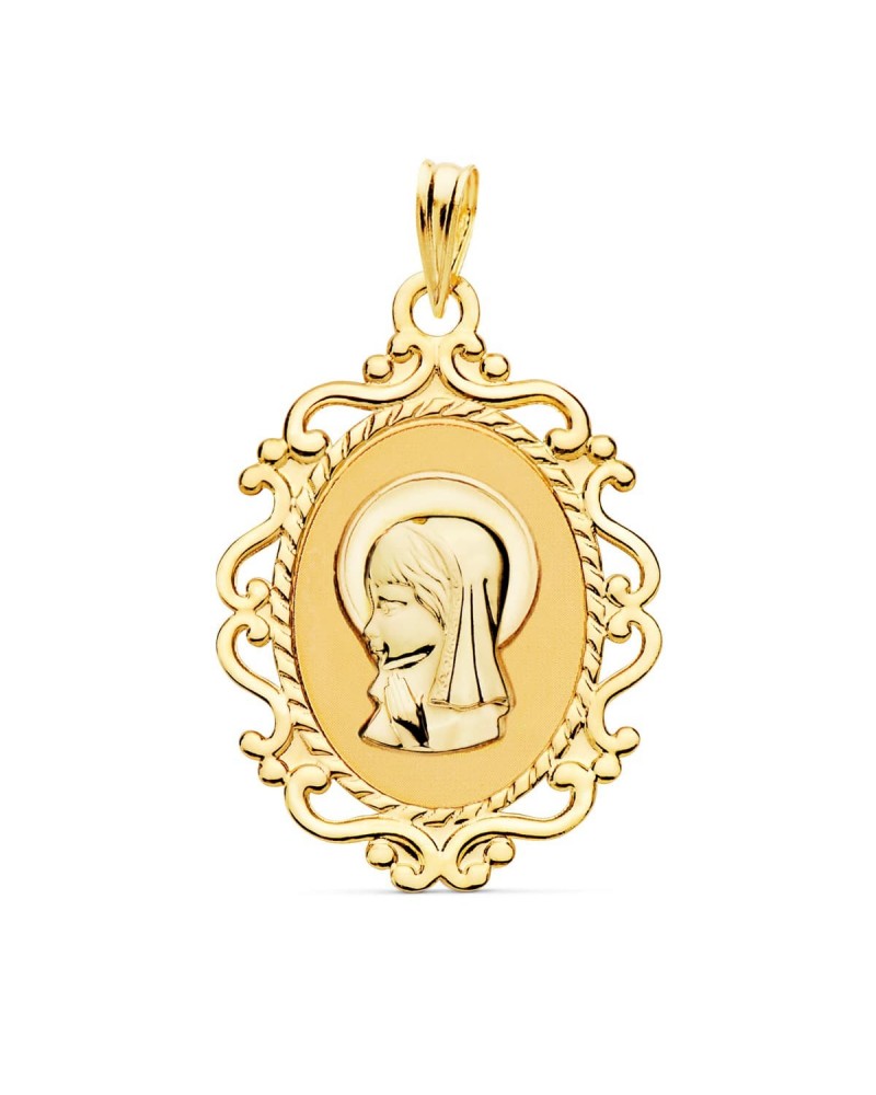 Medalla oro 18k Virgen Niña cerco calado 23x16mm