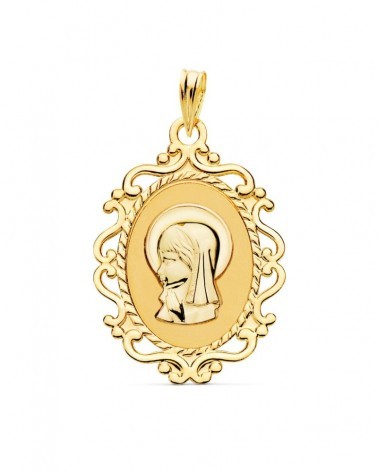 Medalla oro 18k Virgen Niña cerco calado 23x16mm