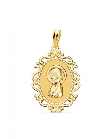 Medalla oro 18k Virgen Niña cerco calado 23x16mm