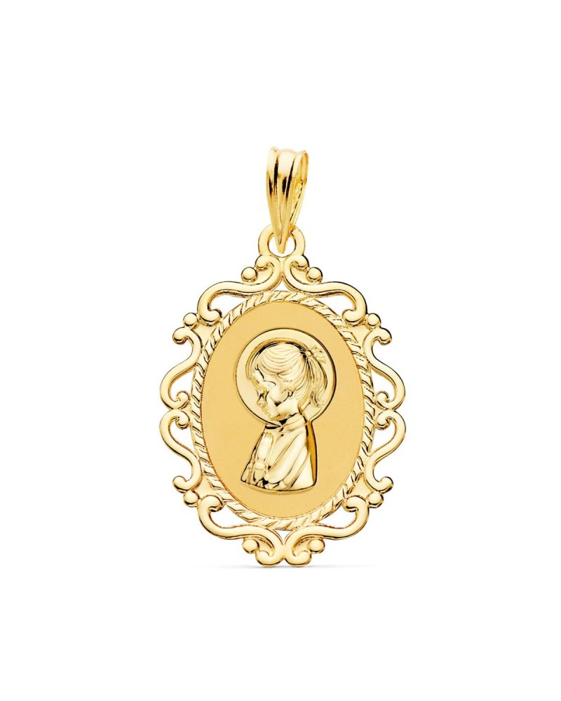 Medalla oro 18k Virgen Niña cerco calado 23x16mm