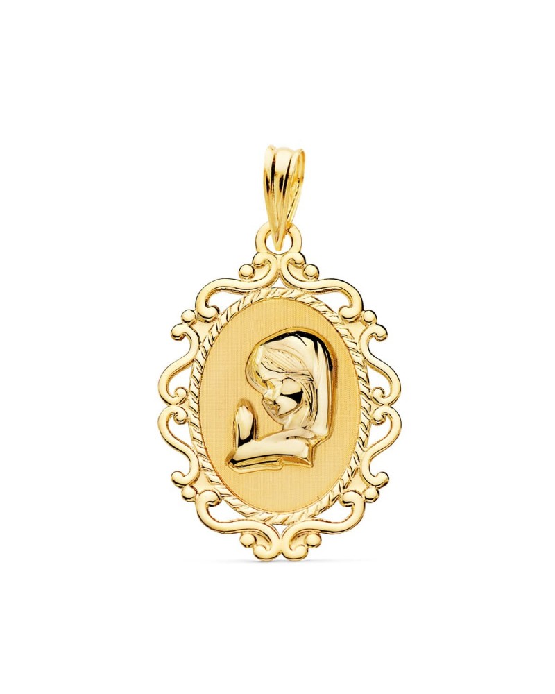 Medalla oro 18k Virgen Niña cerco calado 23x16mm