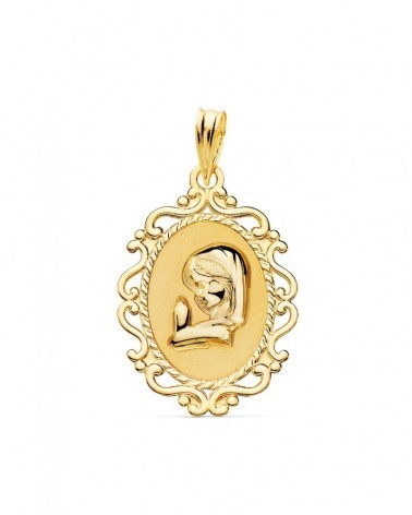 Medalla oro 18k Virgen Niña cerco calado 23x16mm
