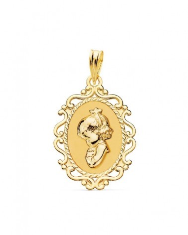 Medalla oro 18k Virgen Niña perfil cerco calado 23x16mm