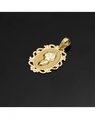 Medalla oro 18k Virgen Niña perfil cerco calado 23x16mm