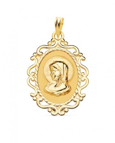 Medalla oro 18k Virgen Niña cerco calado 31x21mm