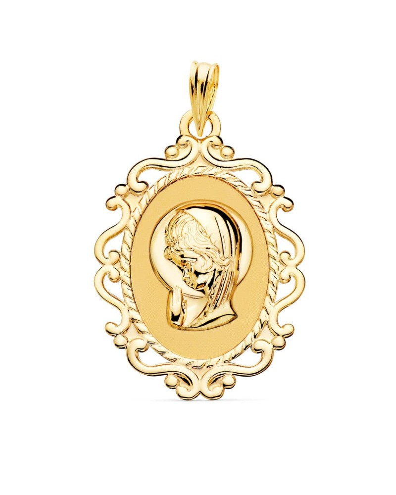 Medalla oro 18k Virgen Niña cerco calado 31x21mm