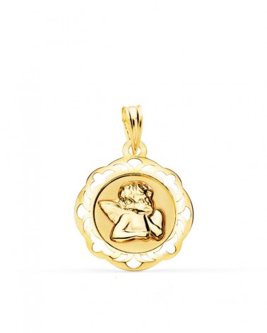 Medalla ángel burlón oro 18k cerco calado 17mm
