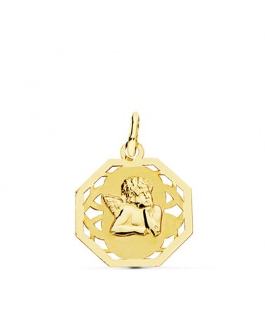 Medalla oro 18k angelito octogonal calada 17x14 mm
