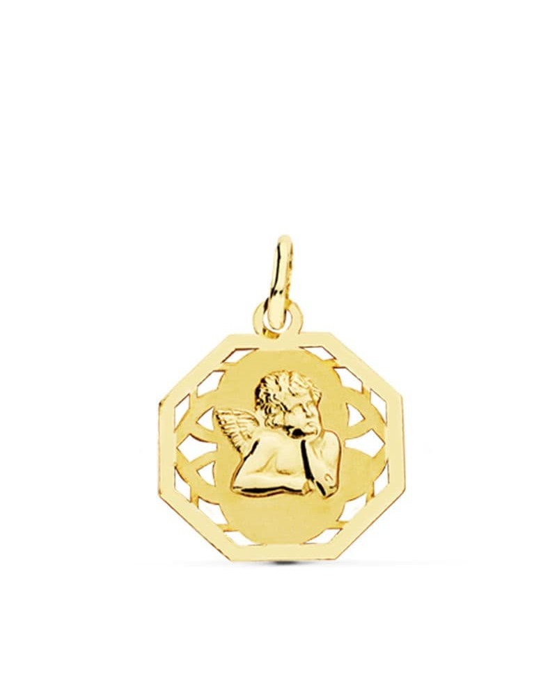 Medalla oro 18k angelito octogonal calada 17x14 mm