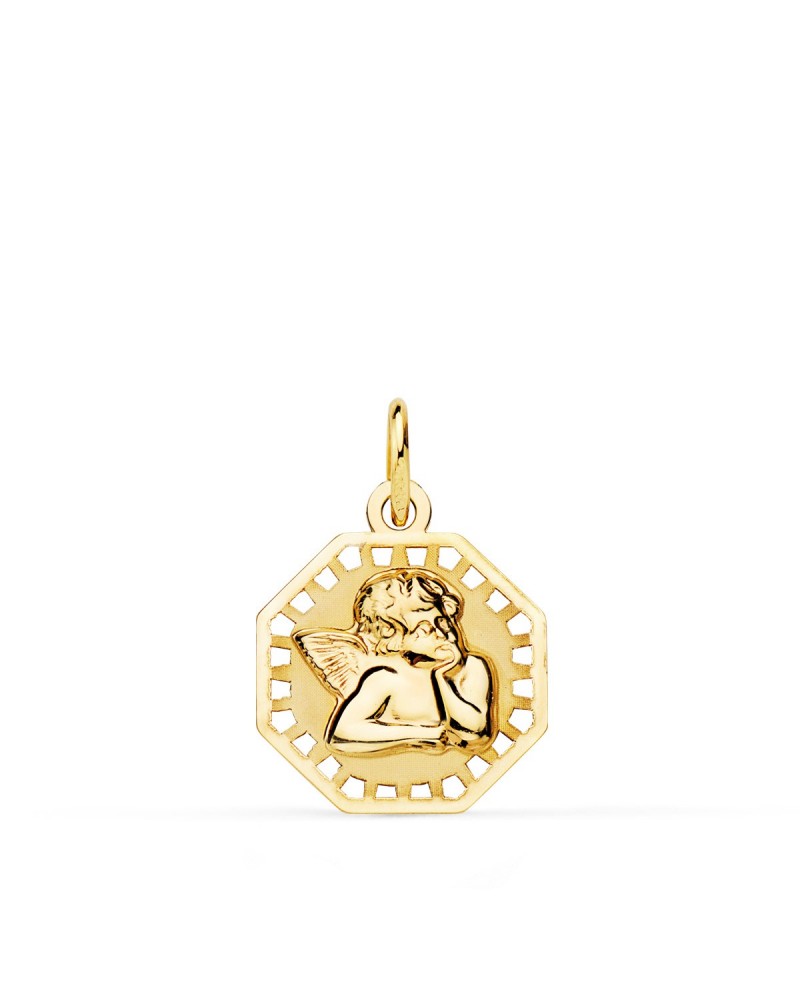 Medalla oro 18k angelito octogonal calada 14x14mm