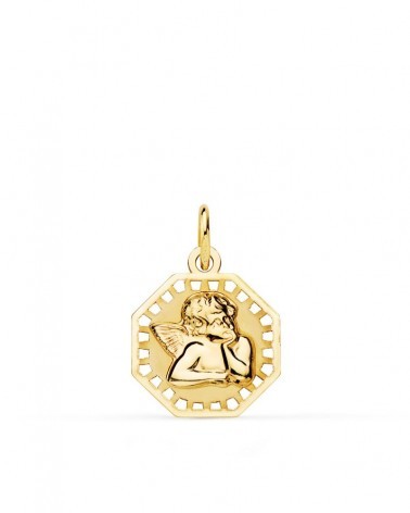 Medalla oro 18k angelito octogonal calada 14x14mm