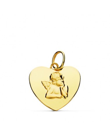 Medalla oro 18k corazón angelito 14 mm