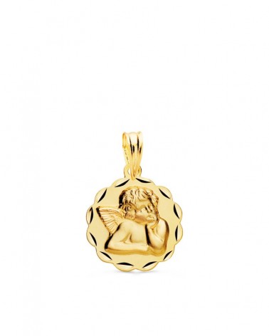 Medalla oro 18k Angelito borde tallado 14mm