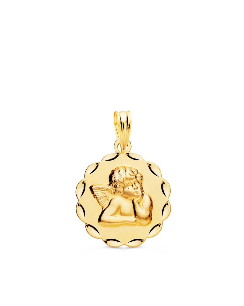 Medalla oro 18k angelito tallado borde festoneado 17mm
