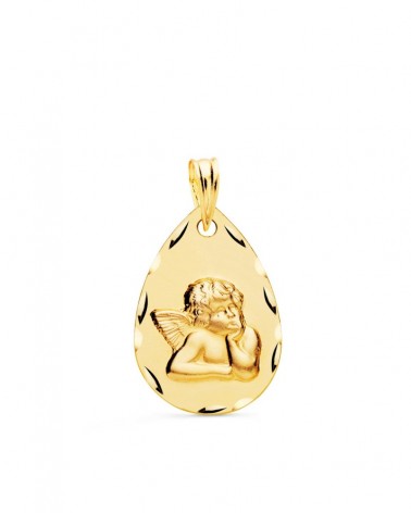 Medalla oro 18k ángel tallado gota 21x14 mm