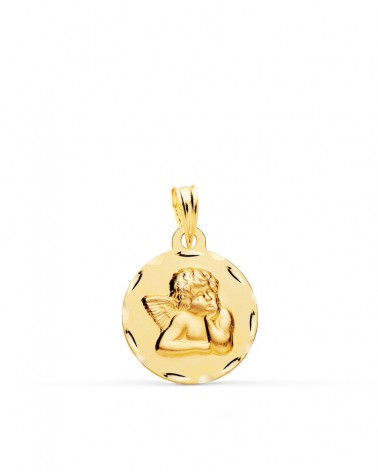 Medalla oro 18k angelito tallado redonda 16mm