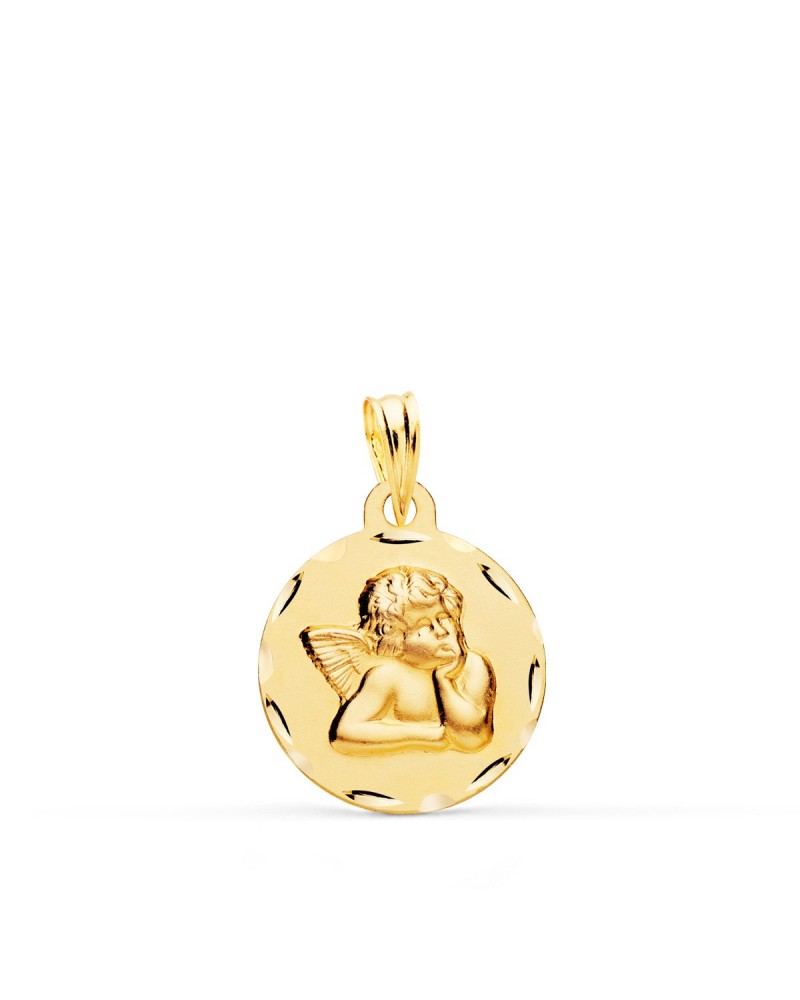 Medalla oro 18k angelito tallado redonda 16mm
