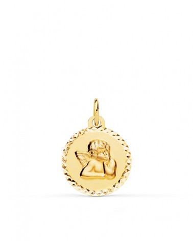 Medalla oro 18k ángel burlón cerco tallado 16mm