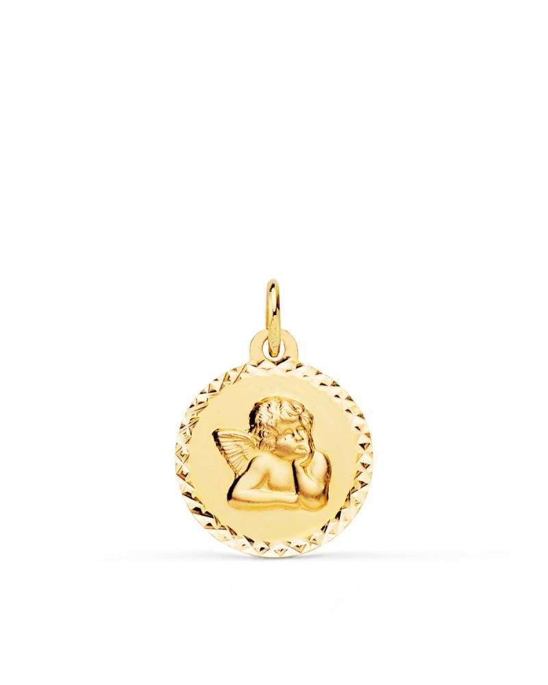 Medalla oro 18k ángel burlón cerco tallado 16mm