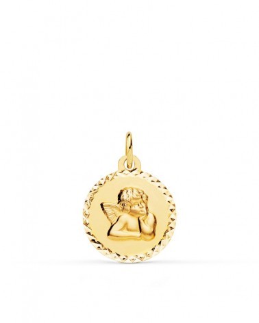 Medalla oro 18k ángel burlón cerco tallado 16mm