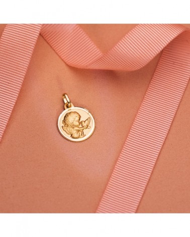 Medalla oro 18k ángel burlón paloma 16mm