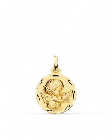 Medalla oro 18k ángel burlón con paloma 16mm
