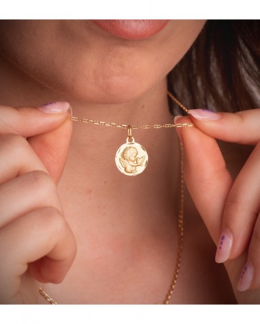 Medalla oro 18k ángel burlón con paloma 16mm