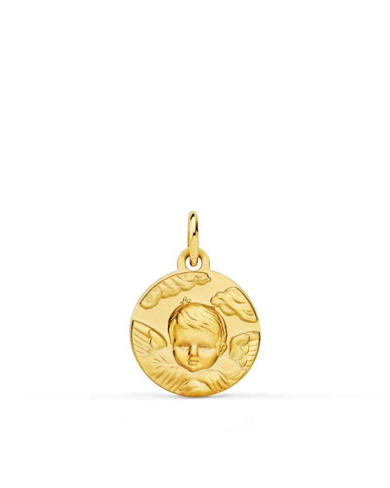 Medalla oro 18k ángel niño en la nube matizada 14mm