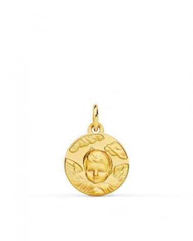 Medalla oro 18k ángel niño en la nube matizada 14mm