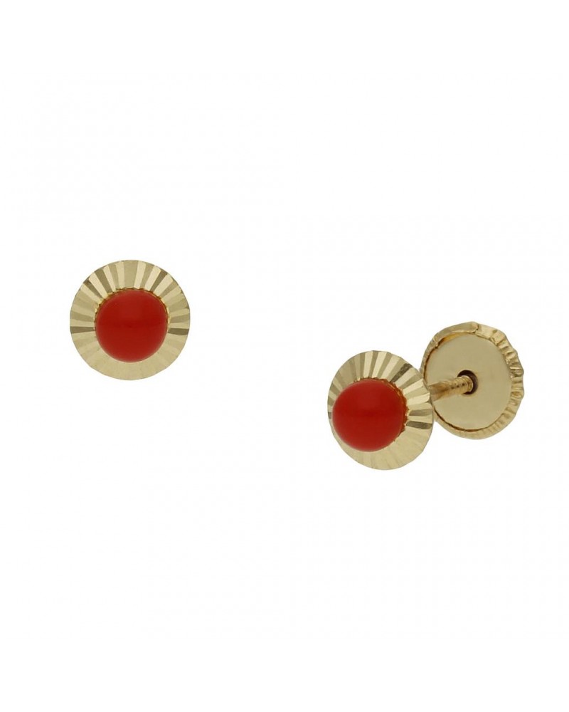 Pendientes oro 18k tornillo coral sintético 5mm