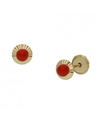 Pendientes oro 18k tornillo coral sintético 5mm
