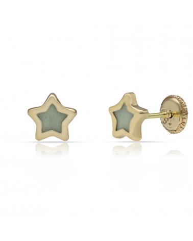 Pendientes oro 18k tornillo estrella resina verde 6mm
