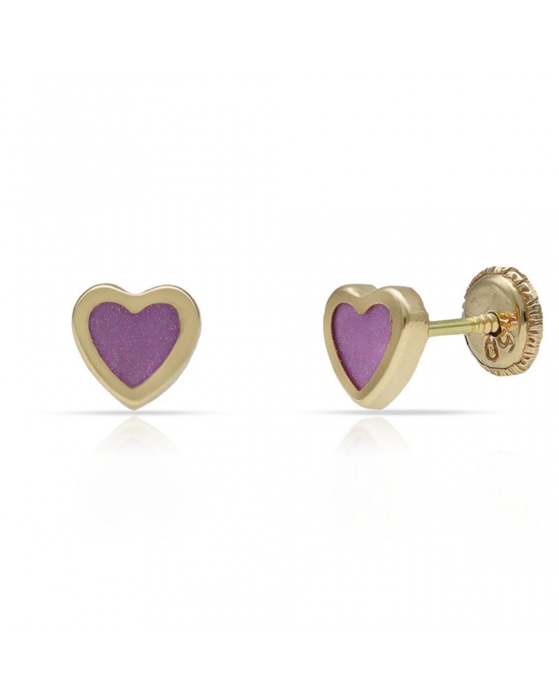 Pendientes oro 18k tornillo corazón lila 6mm