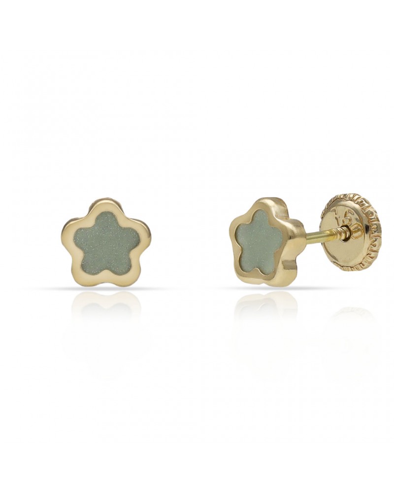 Pendientes oro 18k tornillo flor verde 6mm