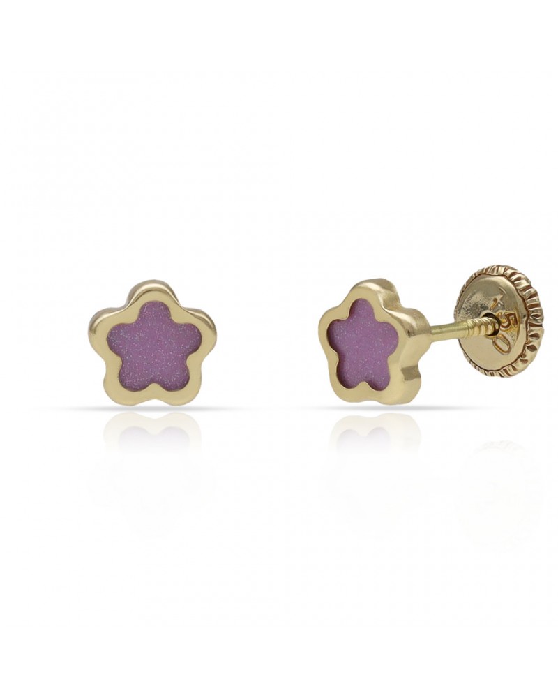 Pendientes oro 18k tornillo flor lila 6mm