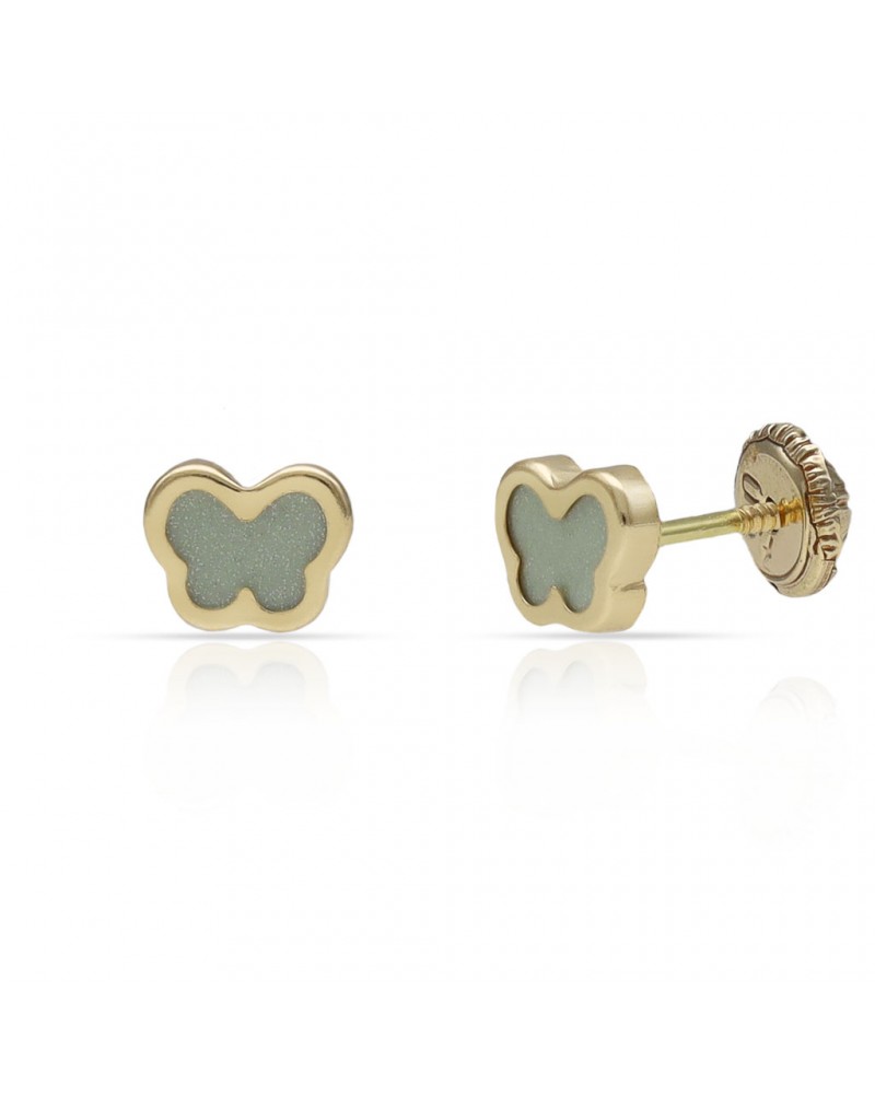 Pendientes oro 18k tornillo mariposa verde 6mm