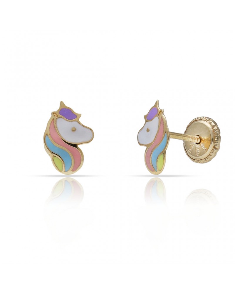 Pendientes oro 18k tornillo unicornio esmaltado 7x5mm