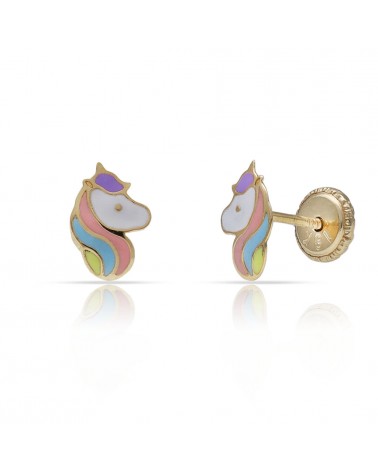 Pendientes oro 18k tornillo unicornio esmaltado 7x5mm