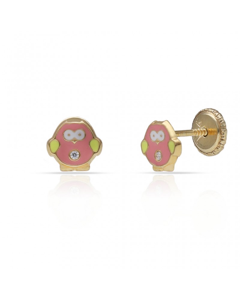 Pendientes oro 18k tornillo búho esmaltado circonita 6mm