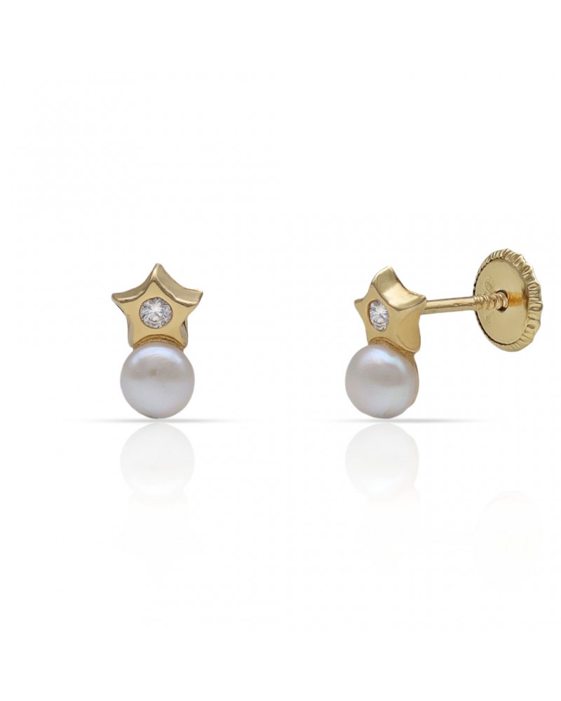 Pendientes oro 18k estrella perla circonita tornillo 4,5x7mm