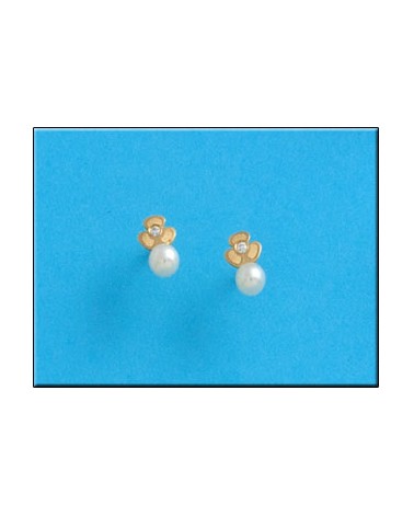Pendientes oro 18k trébol circonitas perlas tornillo 4,5x7mm