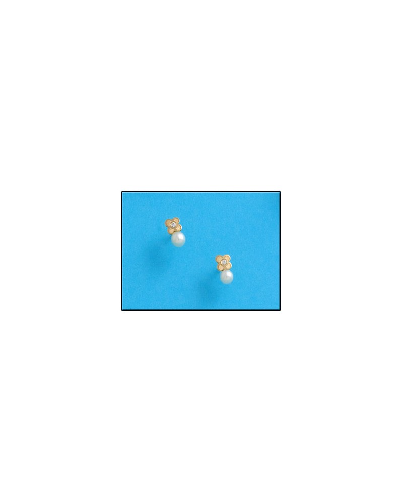 Pendientes oro 18k tornillo flor perla circonita 4x7mm