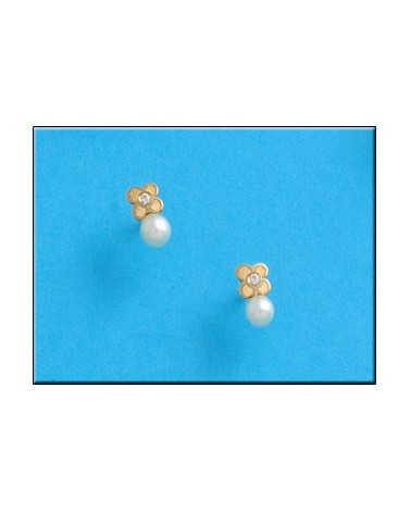 Pendientes oro 18k tornillo flor perla circonita 4x7mm
